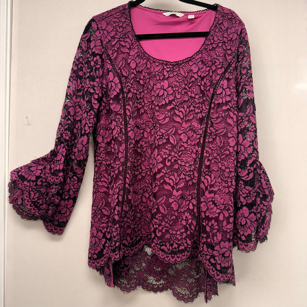 Women's Isaac Mizrahi Live! Pink & Black Lace Tunic Top L